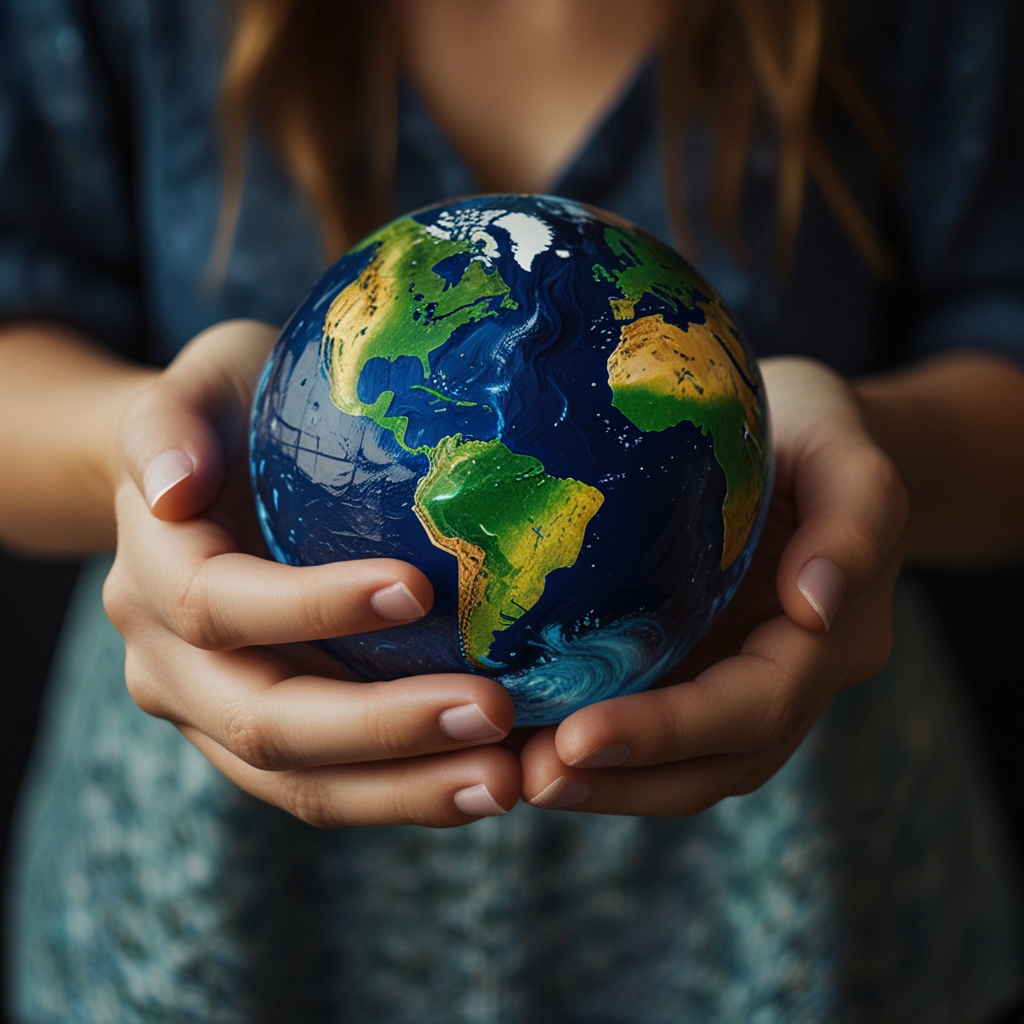 a woman wearing a dress, holding earth in her hands